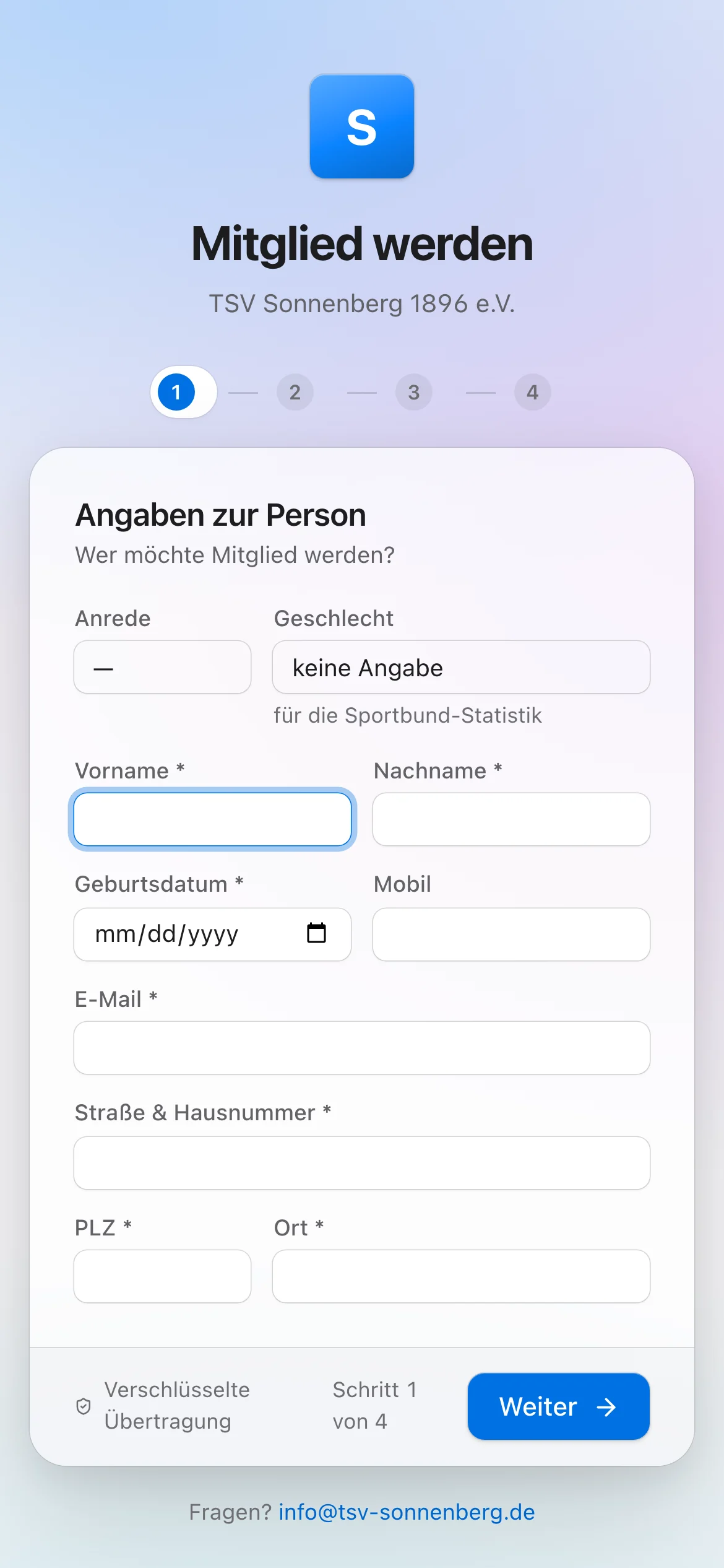 Online-Aufnahmeantrag eines Vereins auf dem Smartphone