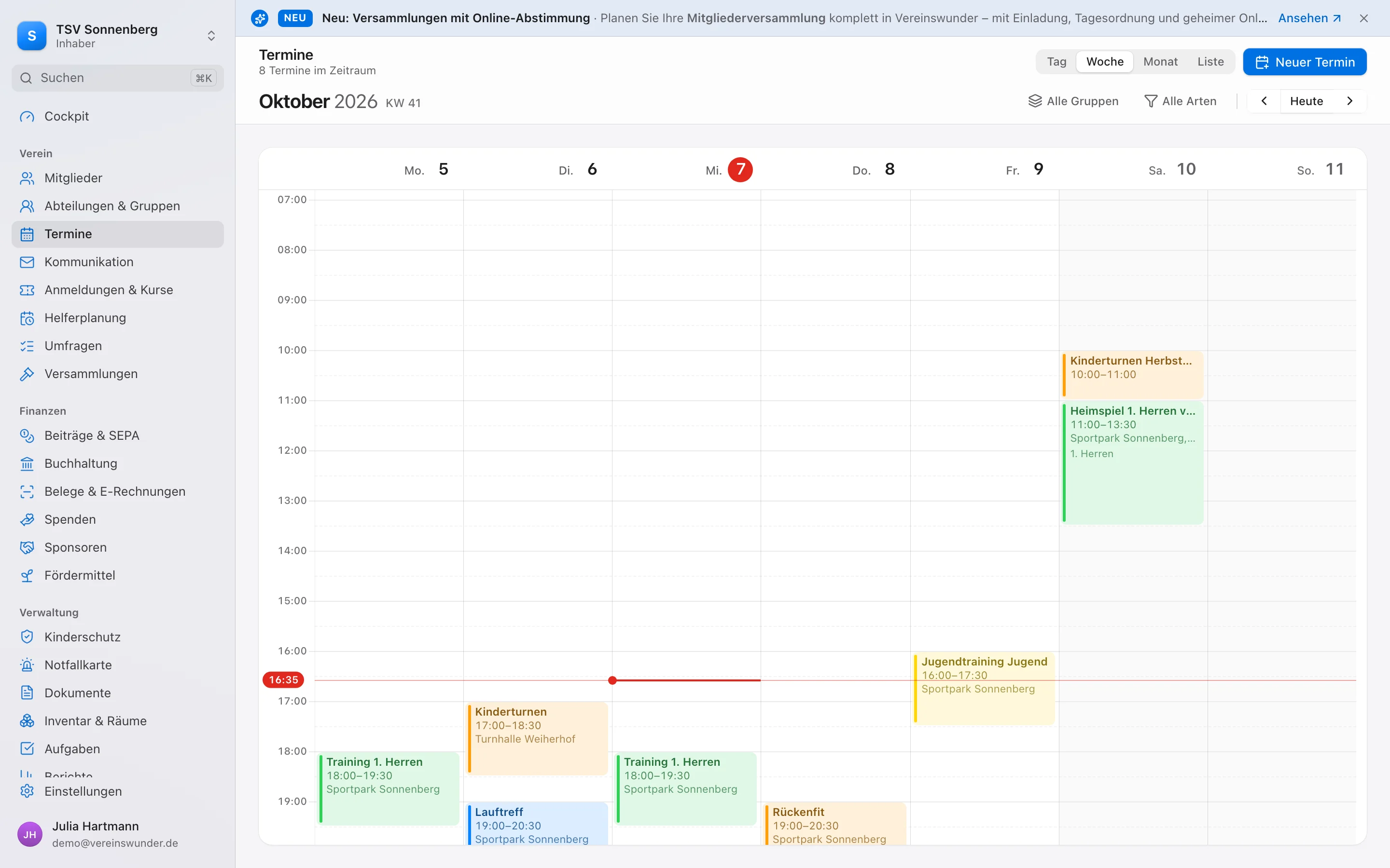 Wochenkalender mit Trainings- und Vereinsterminen in Vereinswerk